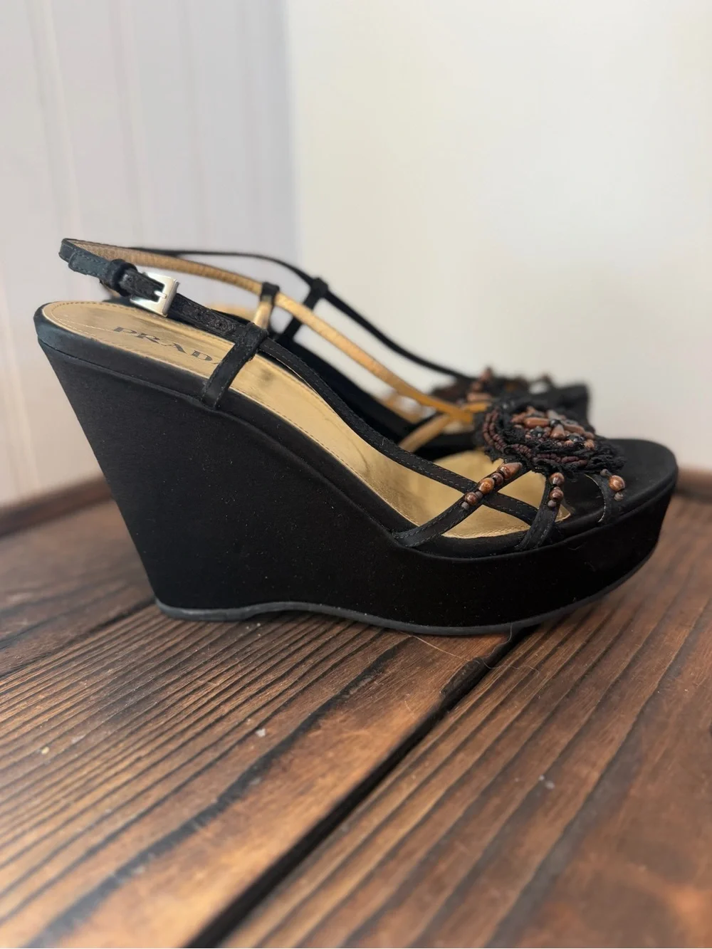 Prada Y2K Black Satin Brown Beaded Flower Platform Slingback Wedges